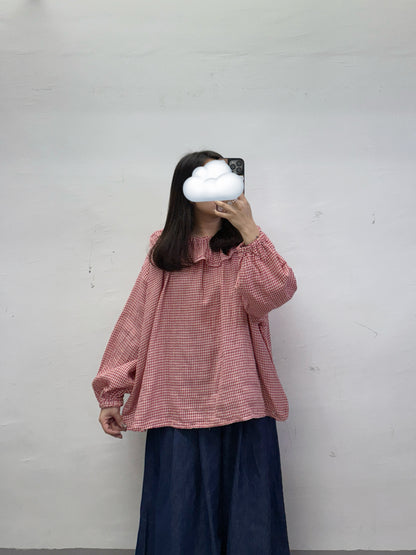 【SALE】格紋荷葉領bb棉上衣丨紅