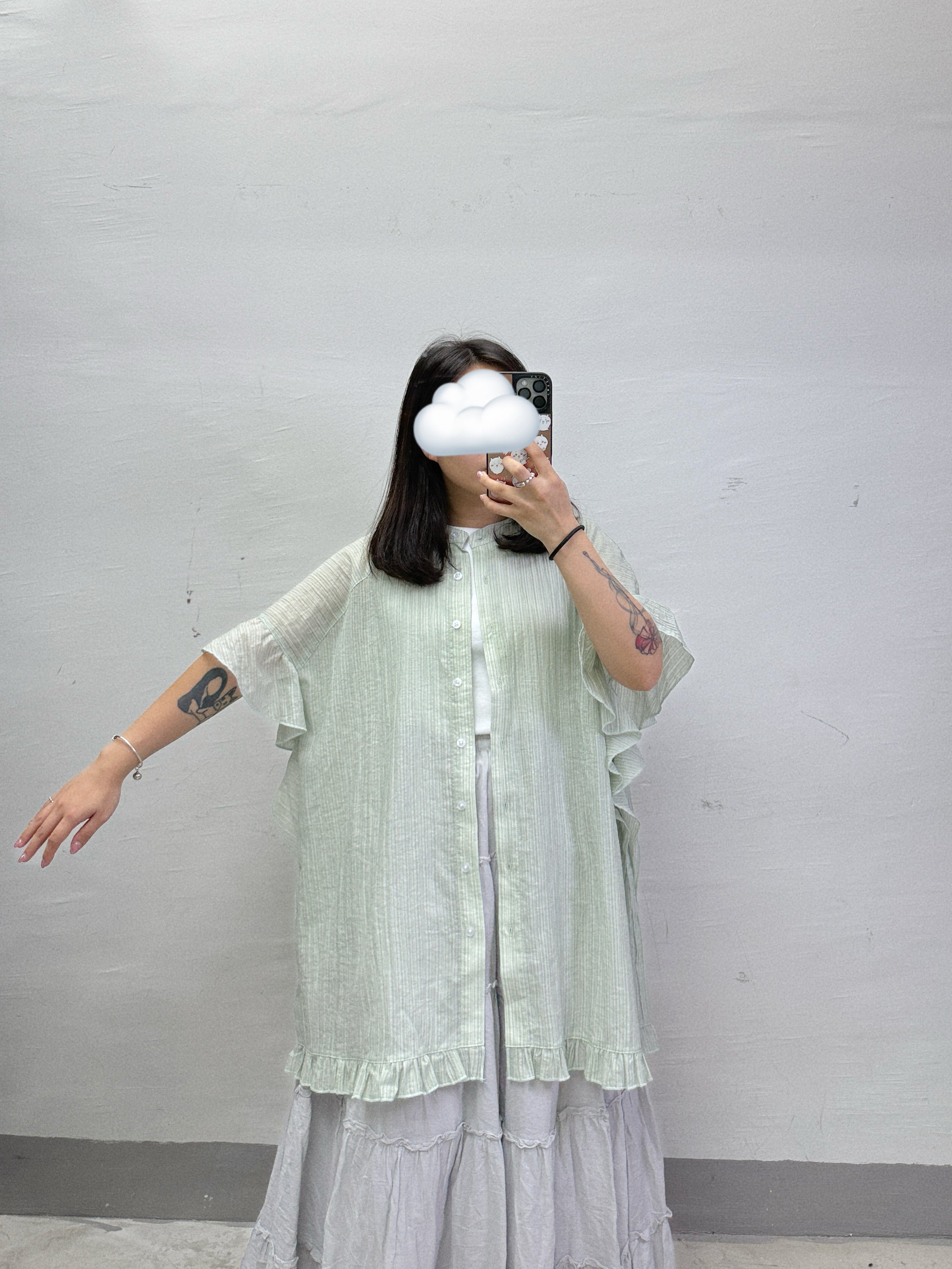 【SALE】暗直紋ruffle袖半透oversize top/外襯丨3 col