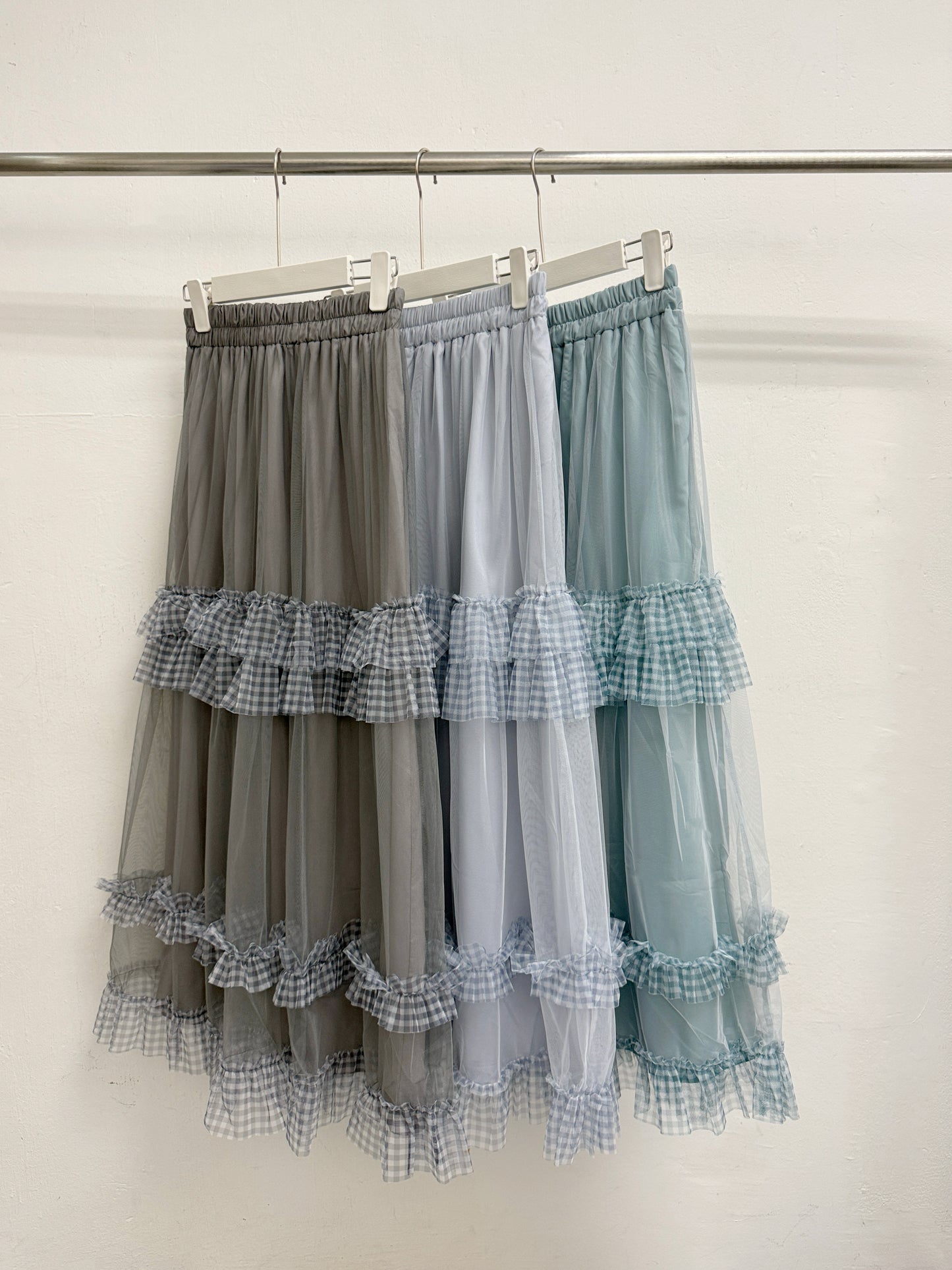 【新品優惠】拼格紋ruffle邊紗紗半身裙丨3 col