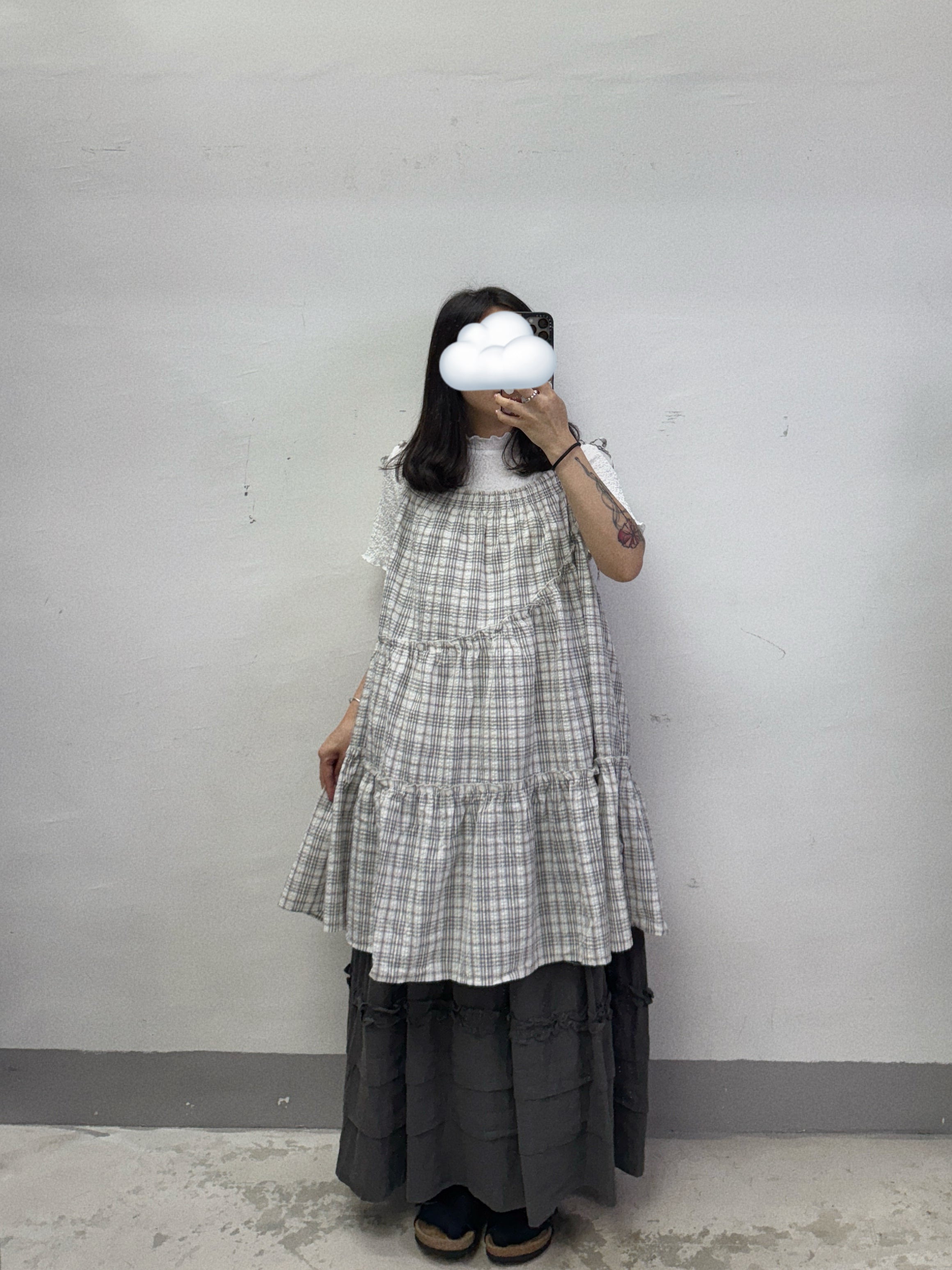 【SALE】不規則ruffle邊格紋綁帶外搭丨綠