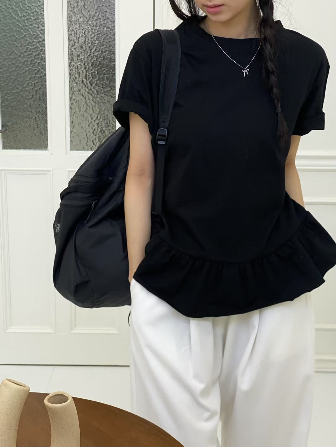 【SALE】兩側打褶ruffle top丨白