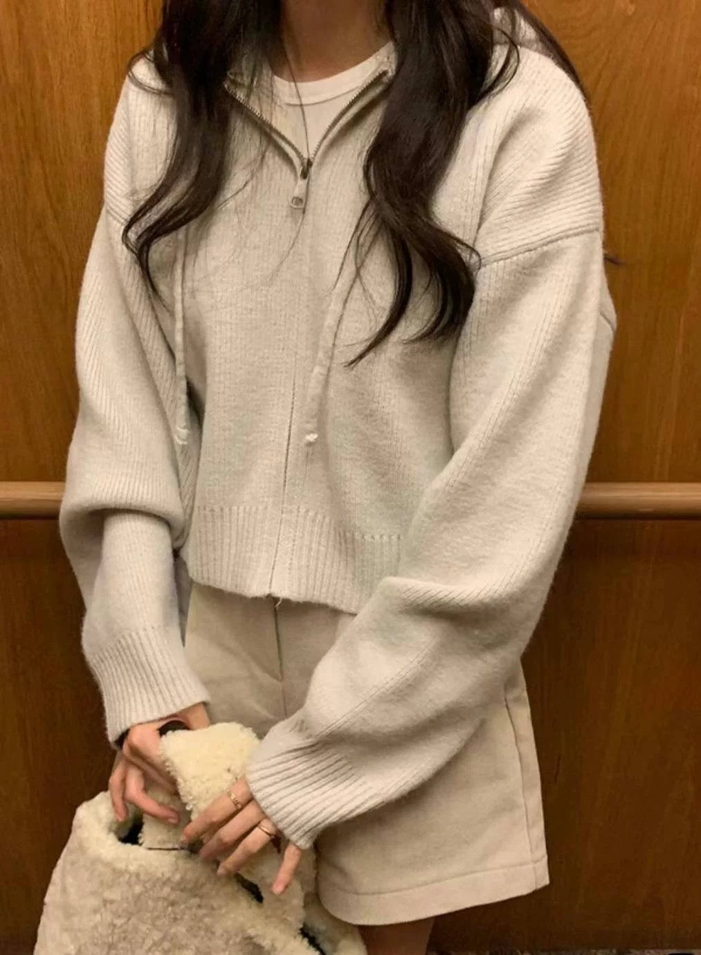 針織有帽拉鍊外套｜卡其