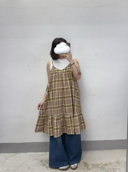 撞色格紋ruffle吊帶中長ops/外搭丨3 col