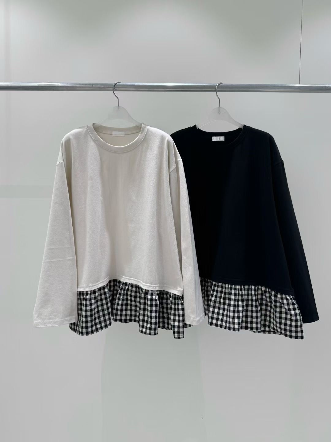 下擺拼格紋上衣丨2 col