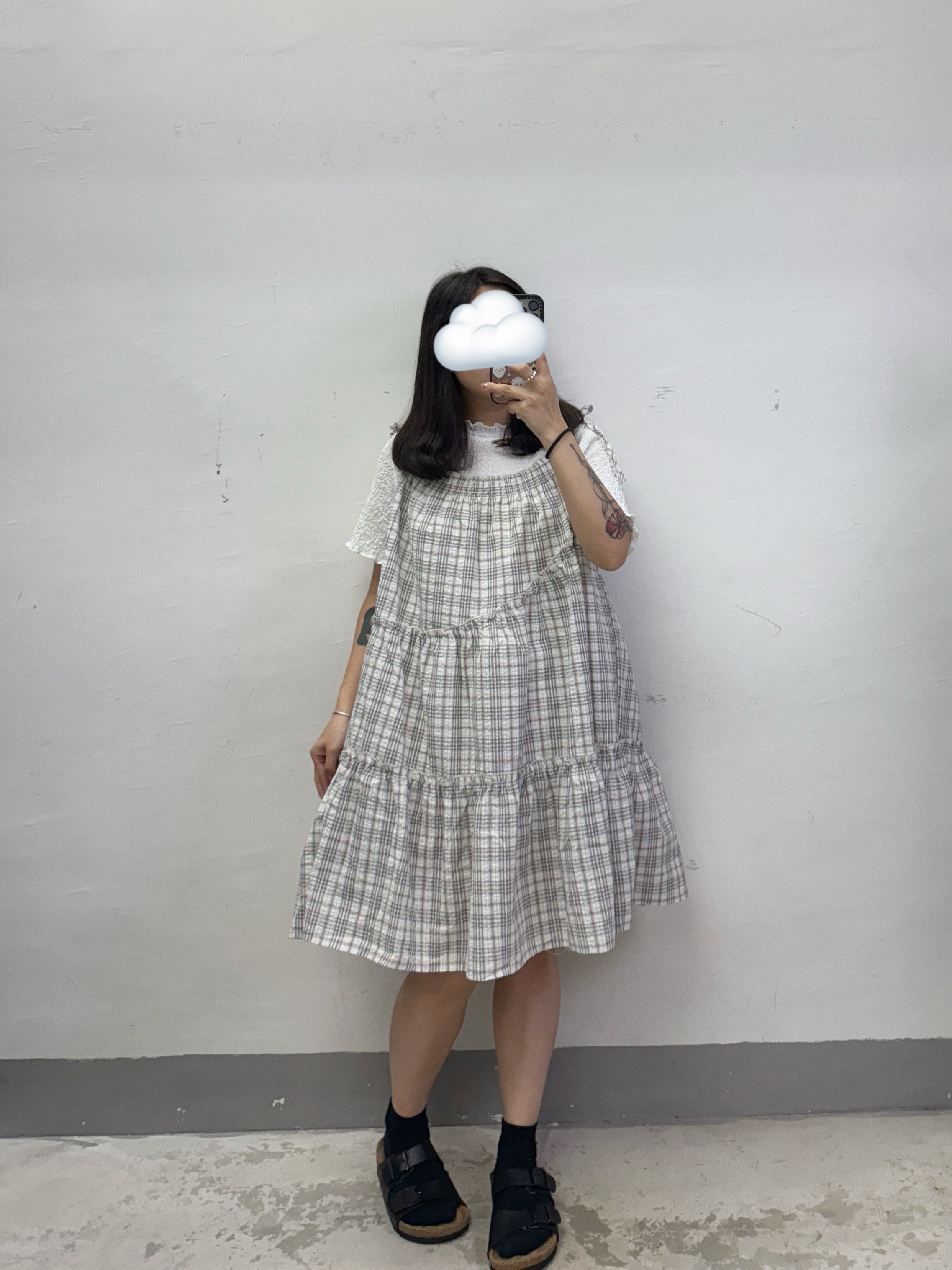 【SALE】不規則ruffle邊格紋綁帶外搭丨綠