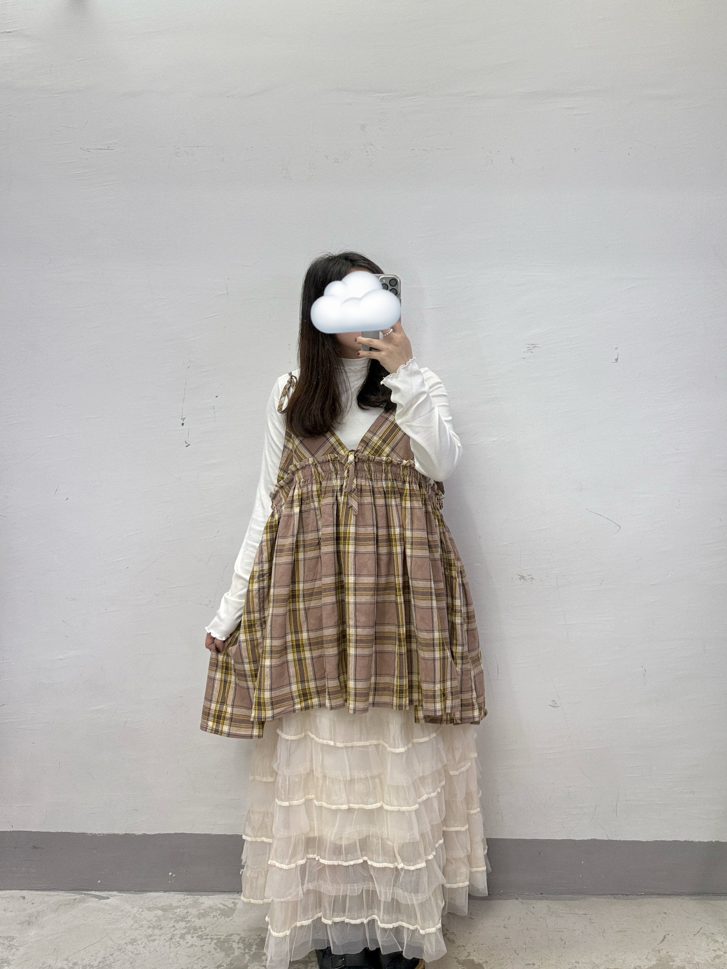 拼色格紋V領綁帶外搭丨2 col