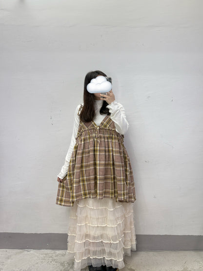 【SALE】拼色格紋V領綁帶外搭丨淺啡黃