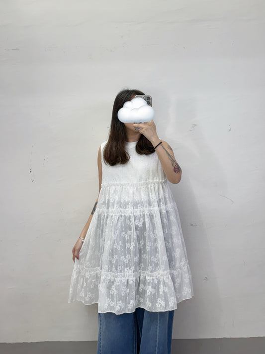 【SALE】閃閃印花ruffle中長背心/外搭丨白 黑
