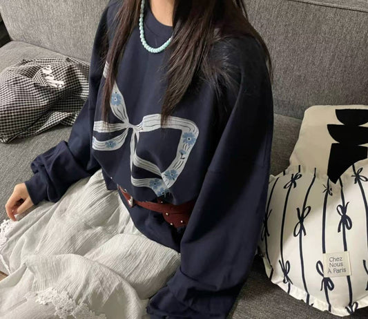 【SALE】蝴蝶結拼花圈線棉上衣