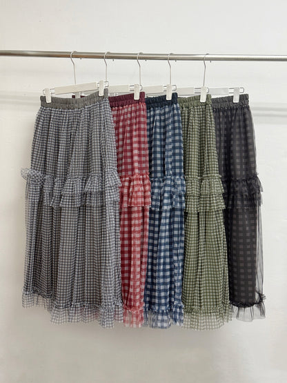 【SALE】雙面~格紋紗紗ruffle半身裙丨綠