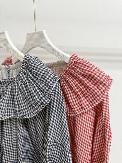 【SALE】格紋荷葉領bb棉上衣丨紅