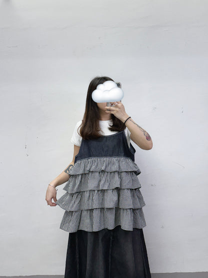 【SALE】層次ruffle格紋拼牛仔外搭丨2 col
