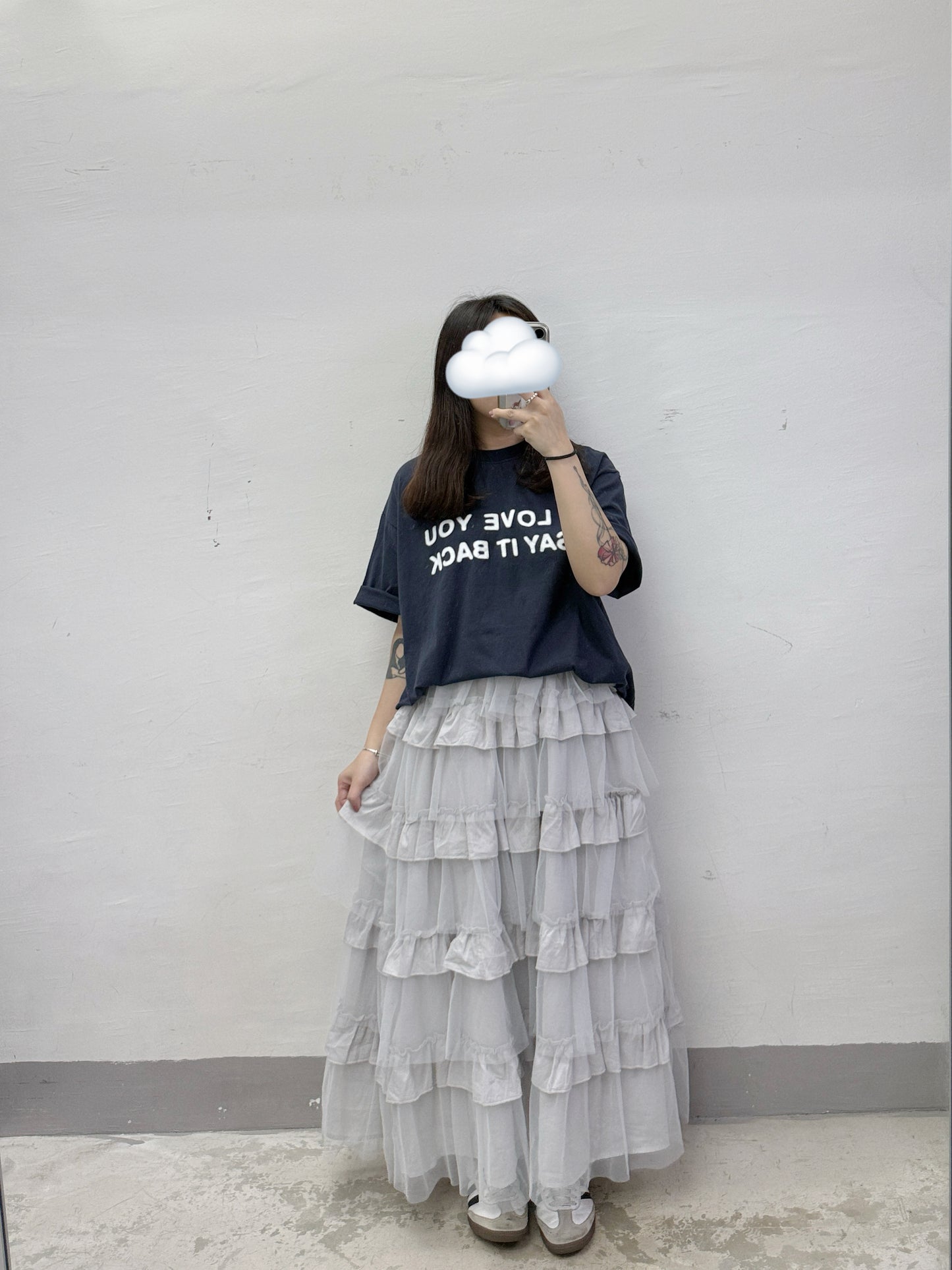 【SALE】棉紗拼紗層層半身裙丨米黃