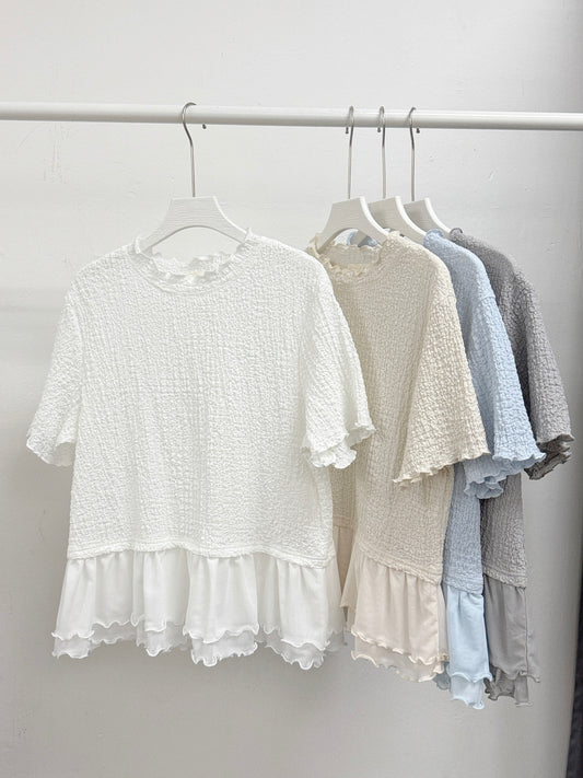 皺皺紋ruffle領下擺雙層紗top丨4 col