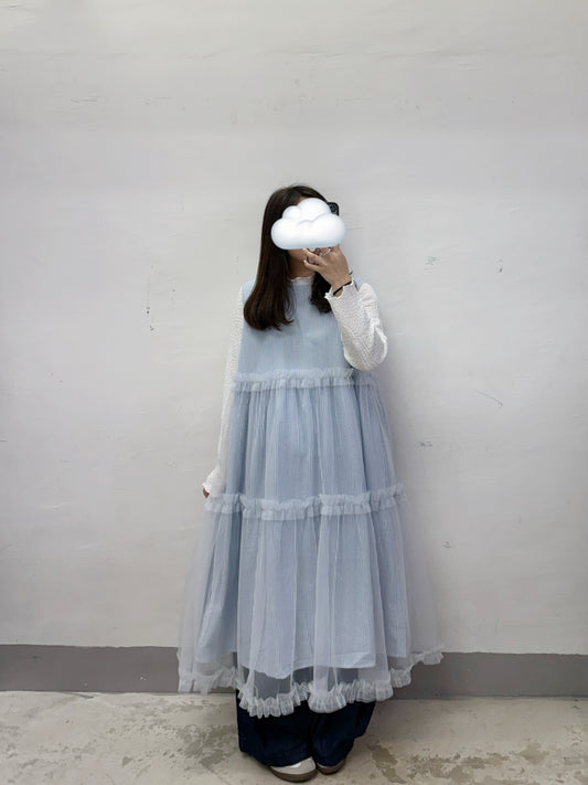 【SALE】條紋拼紗ruffle邊ops丨藍