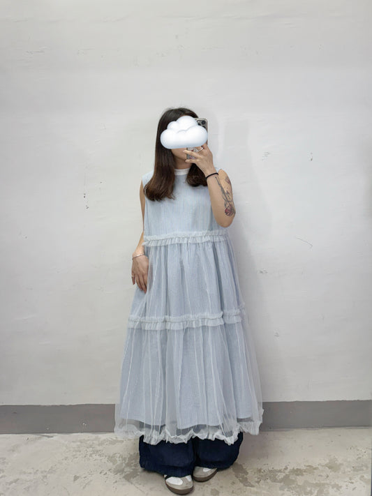 【SALE】條紋拼紗ruffle邊ops丨藍