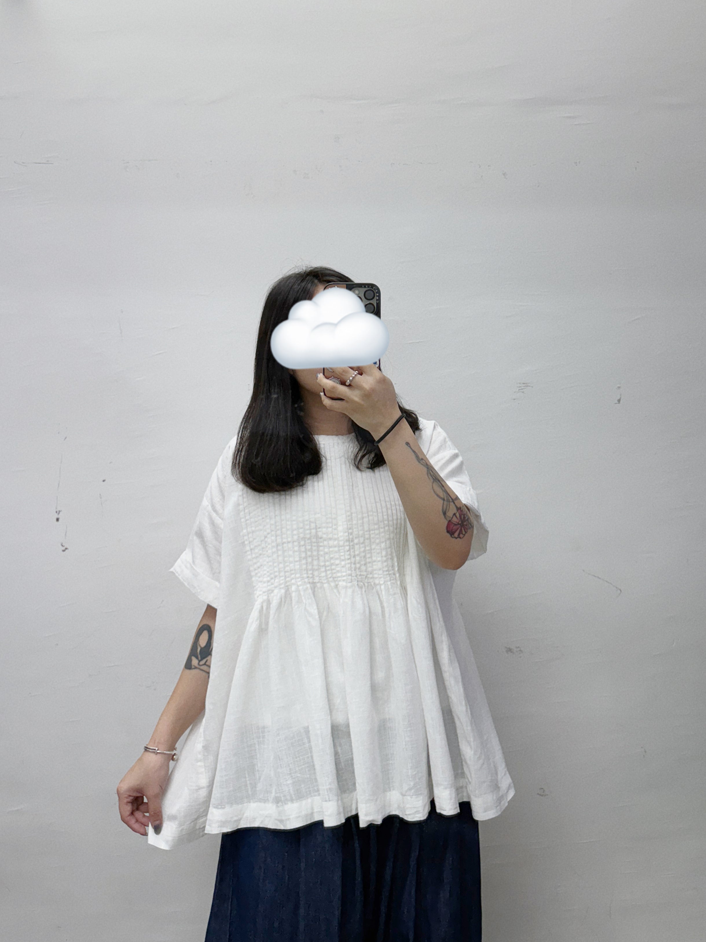 【SALE】麻質百褶紋top丨淺藍