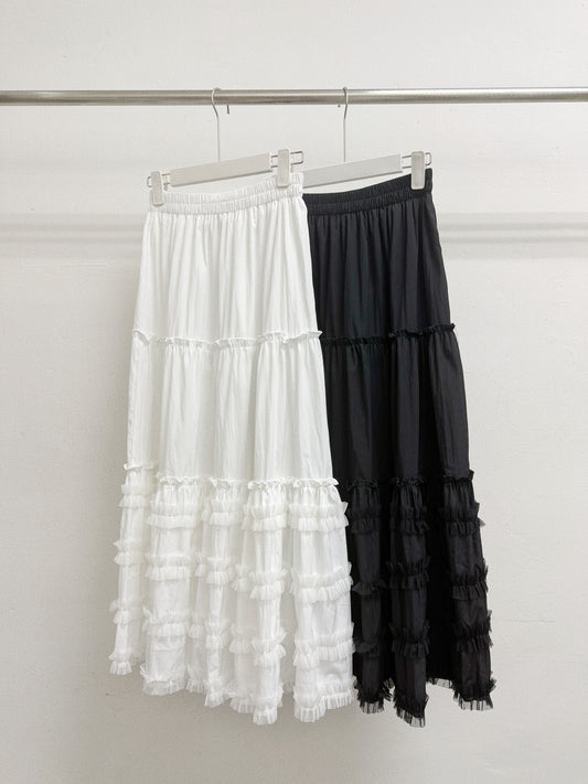 【新品優惠】嗦嗦風褸料拼紗ruffle邊半身裙丨2 col