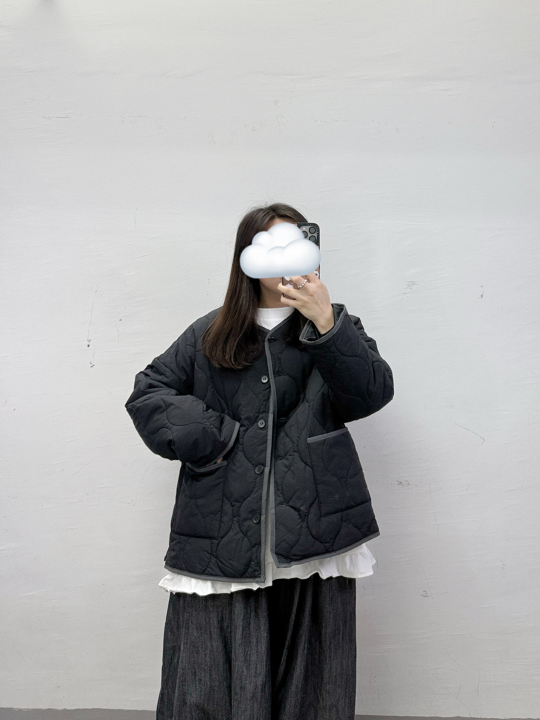 側拉鍊撞色夾棉外套丨黑