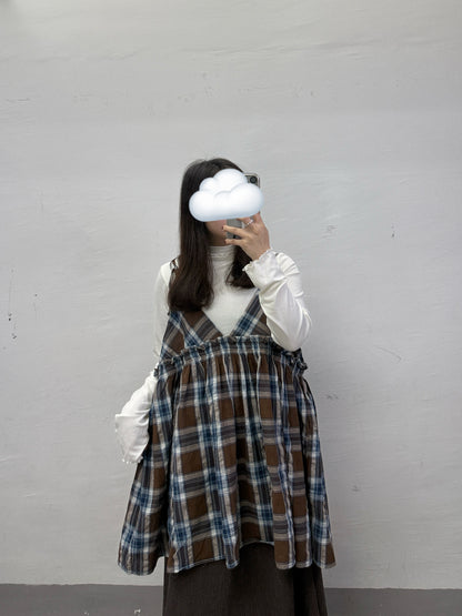 【SALE】拼色格紋V領綁帶外搭丨淺啡黃