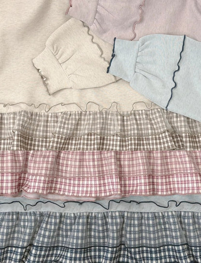 【SALE】下擺拼紗格紋有帽上衣丨3 col