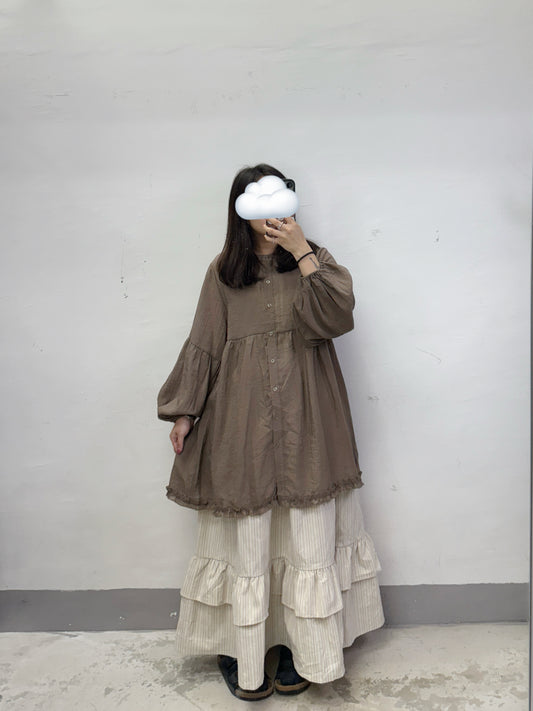 【SALE】下擺ruffle邊中長半透top丨啡