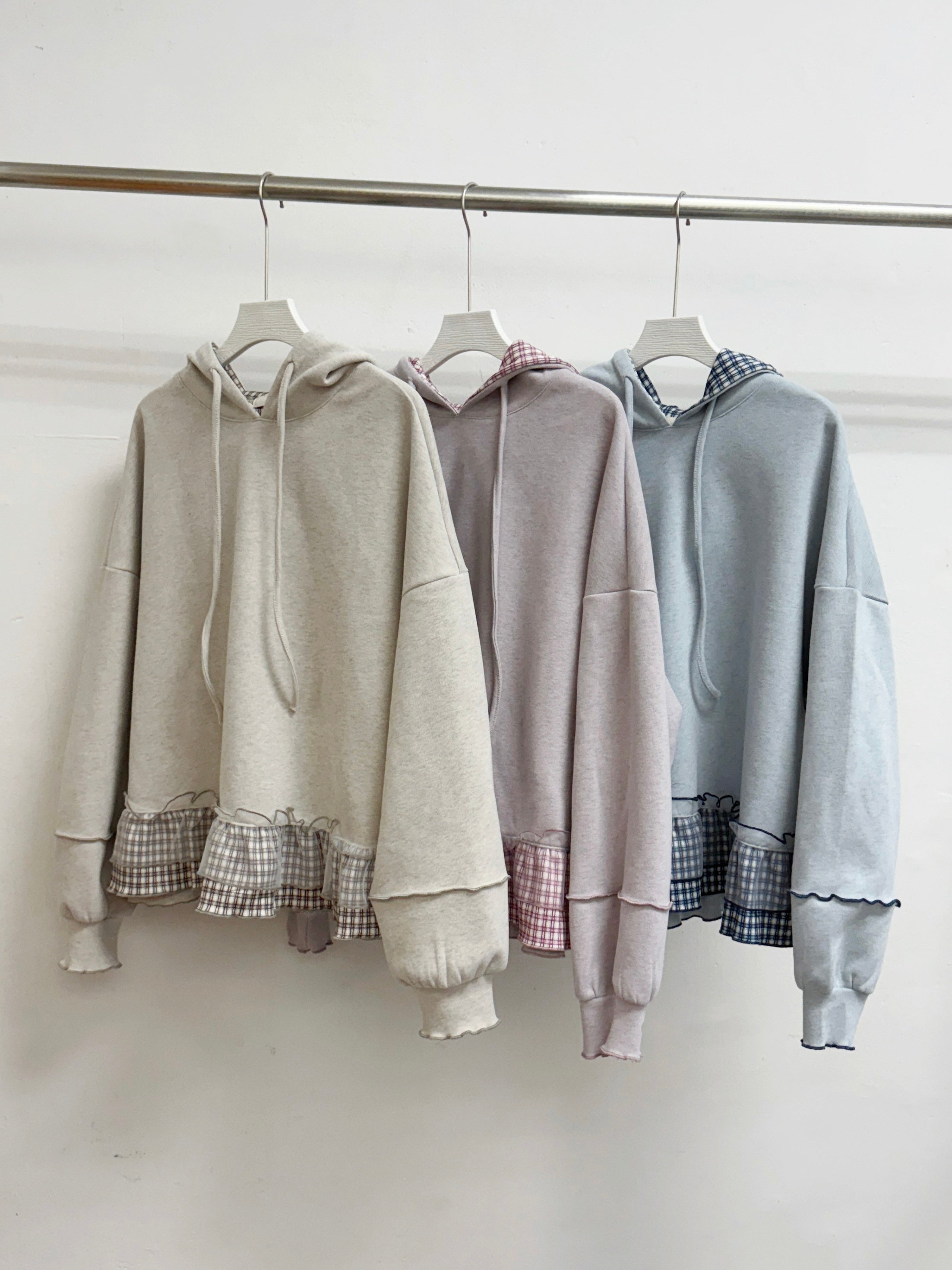 【SALE】下擺拼紗格紋有帽上衣丨藍