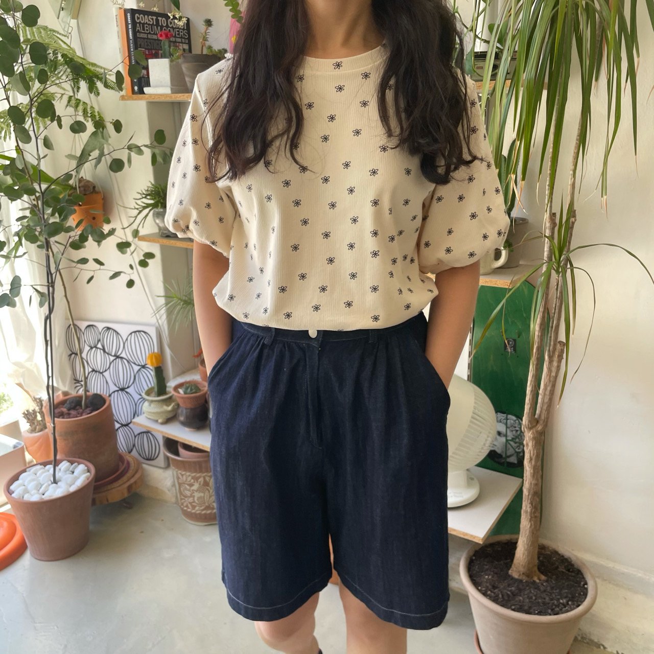 【SALE】花花紋泡泡袖top｜米白