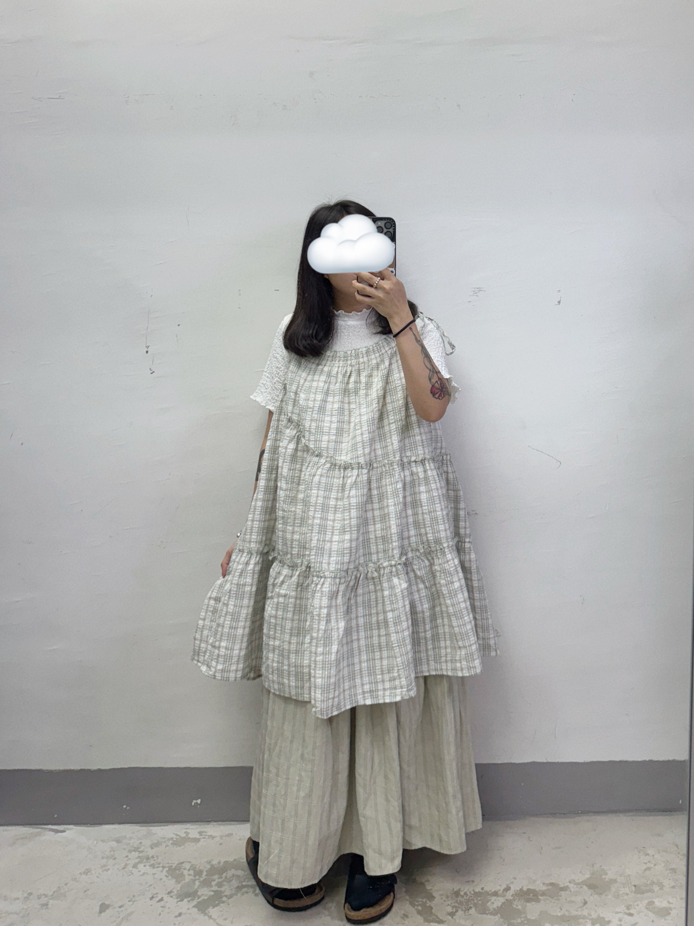 【SALE】不規則ruffle邊格紋綁帶外搭丨綠