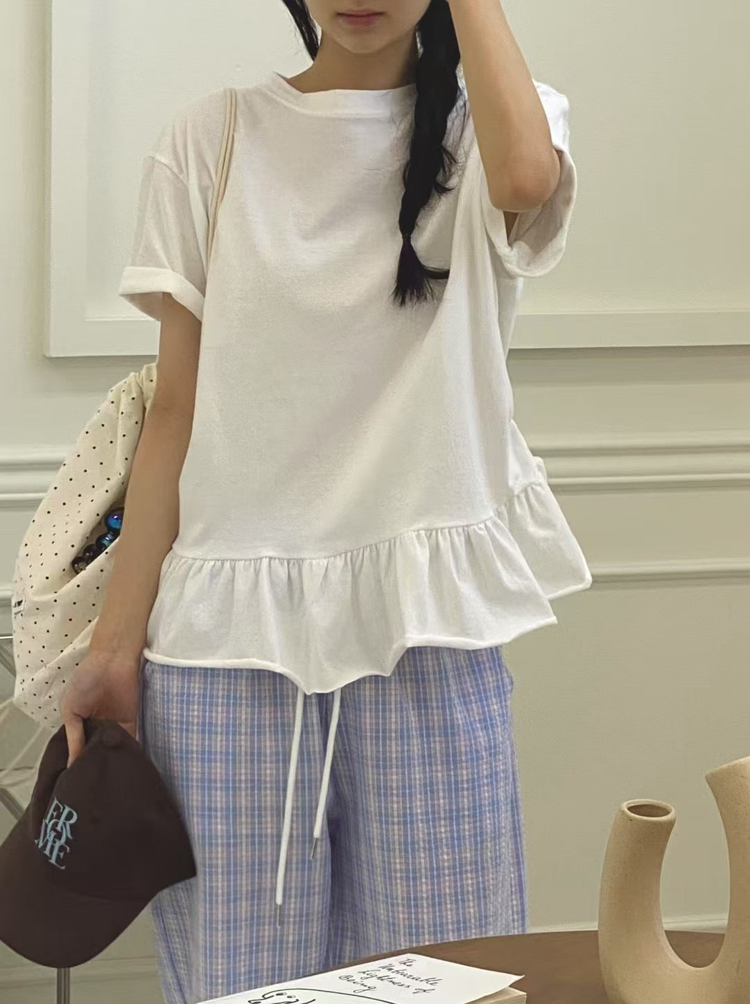 【SALE】兩側打褶ruffle top丨白