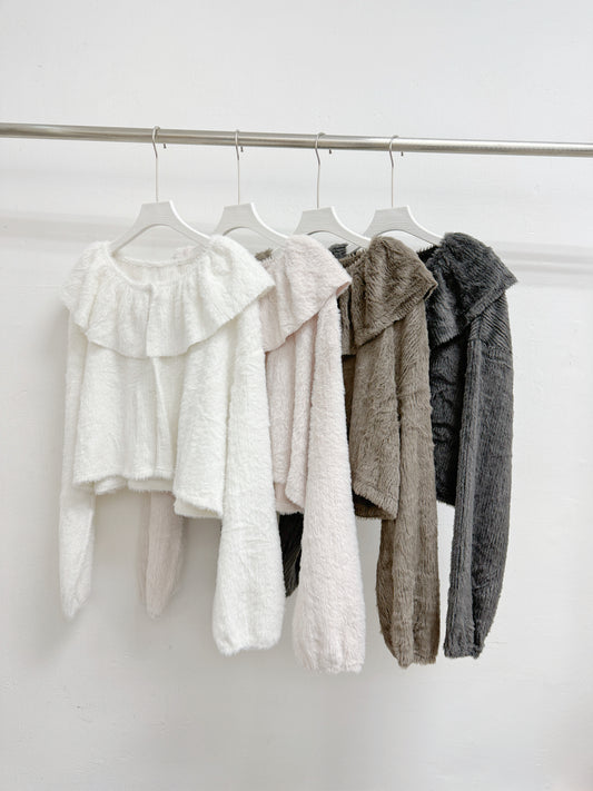 【SALE】荷葉領毛毛外襯丨白 灰