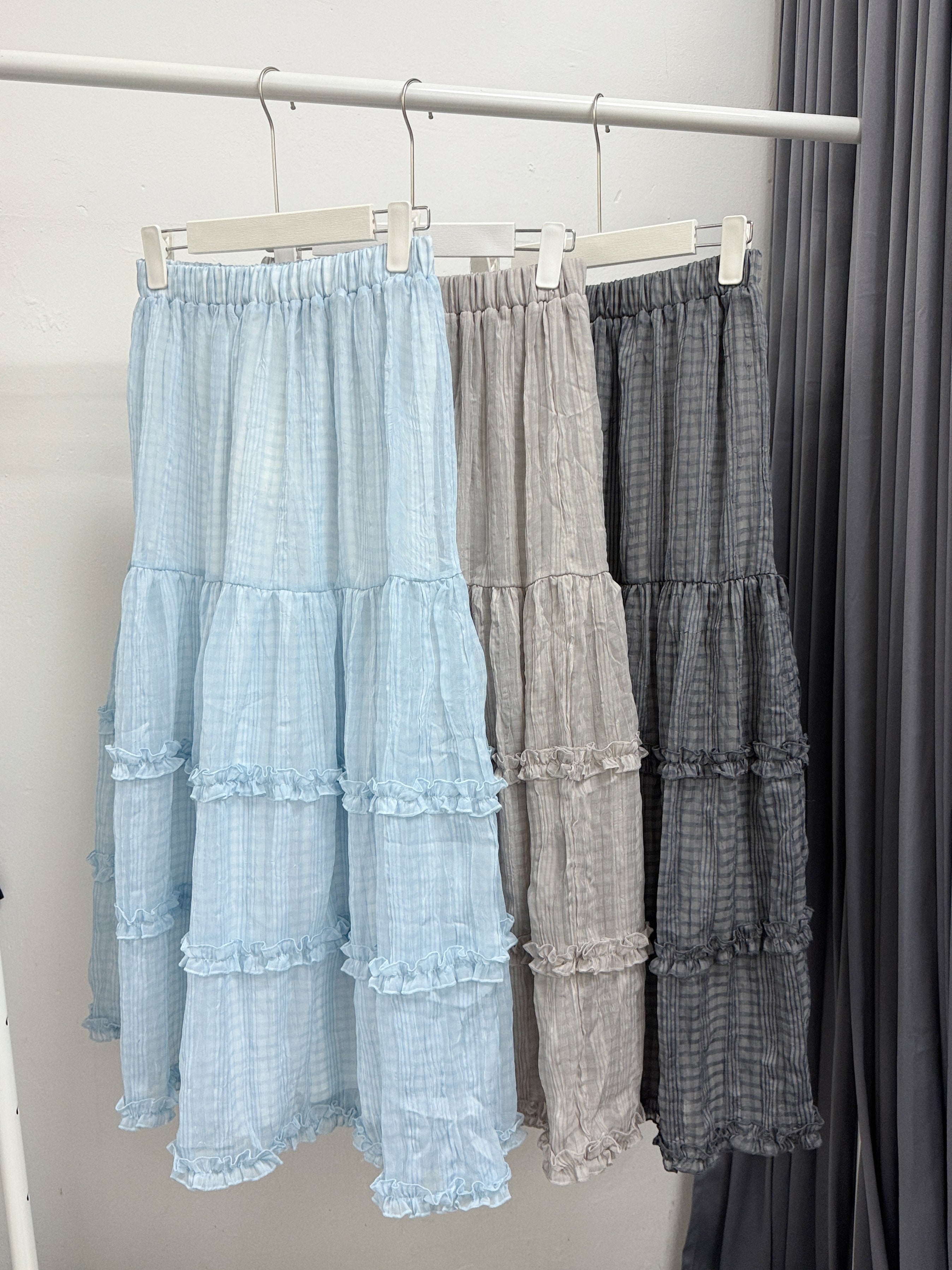 【SALE】透紗格紋ruffle邊半身裙丨4 col