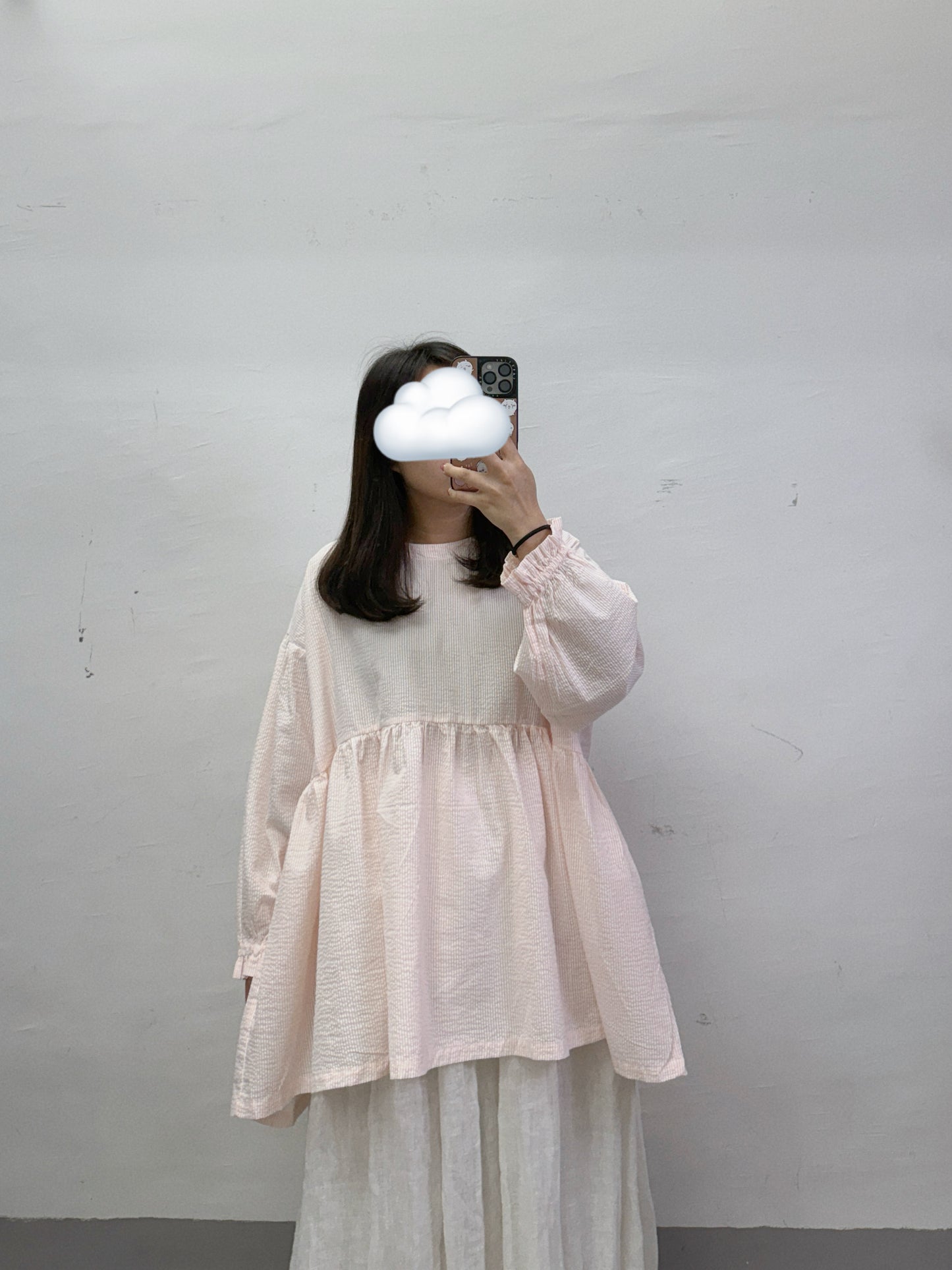 【SALE】橡筋束袖條紋娃娃上衣丨粉橙