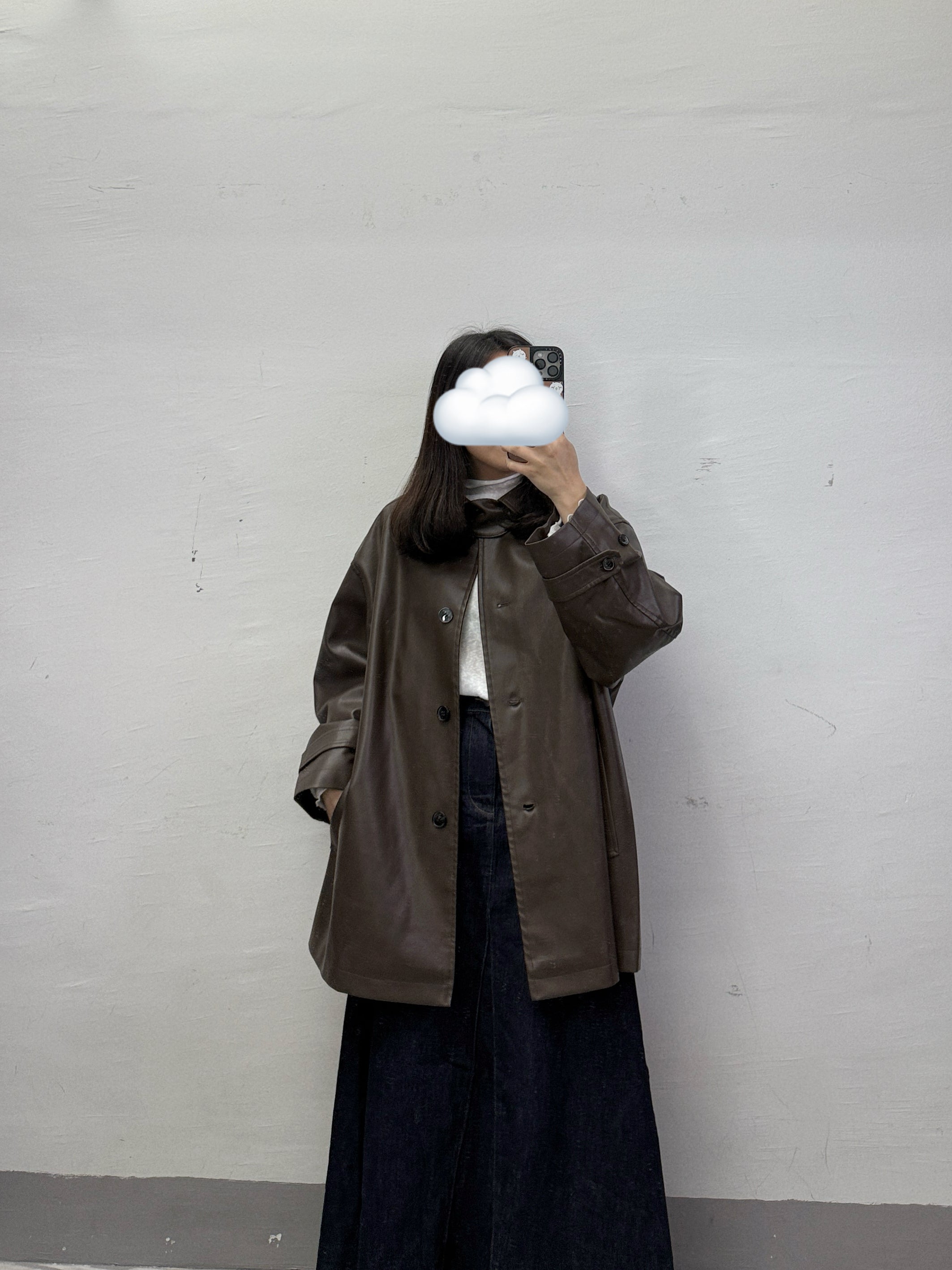 中長仿皮外套｜啡