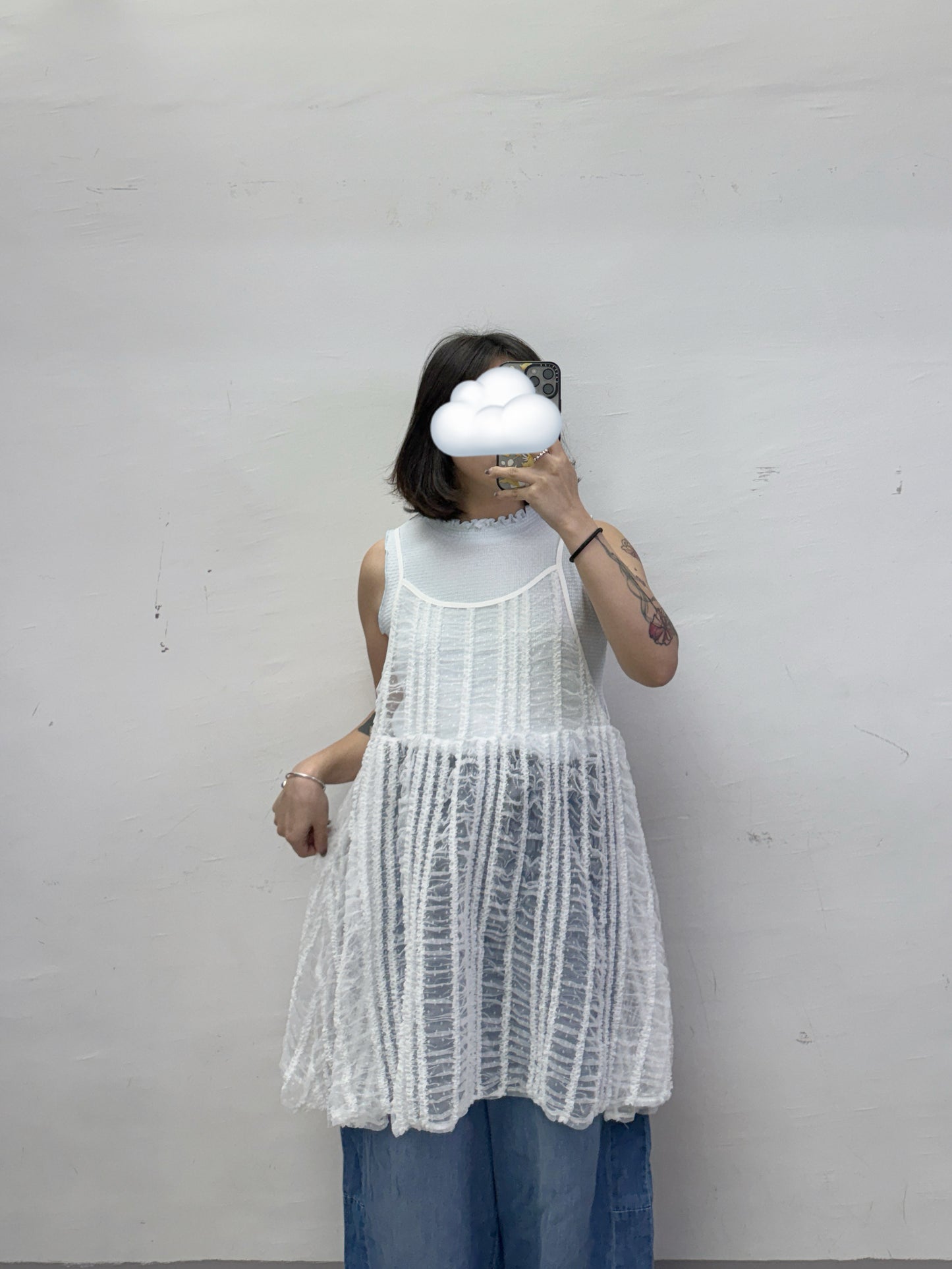 【SALE】皺皺花邊拼波點網紗中長外搭丨4 col