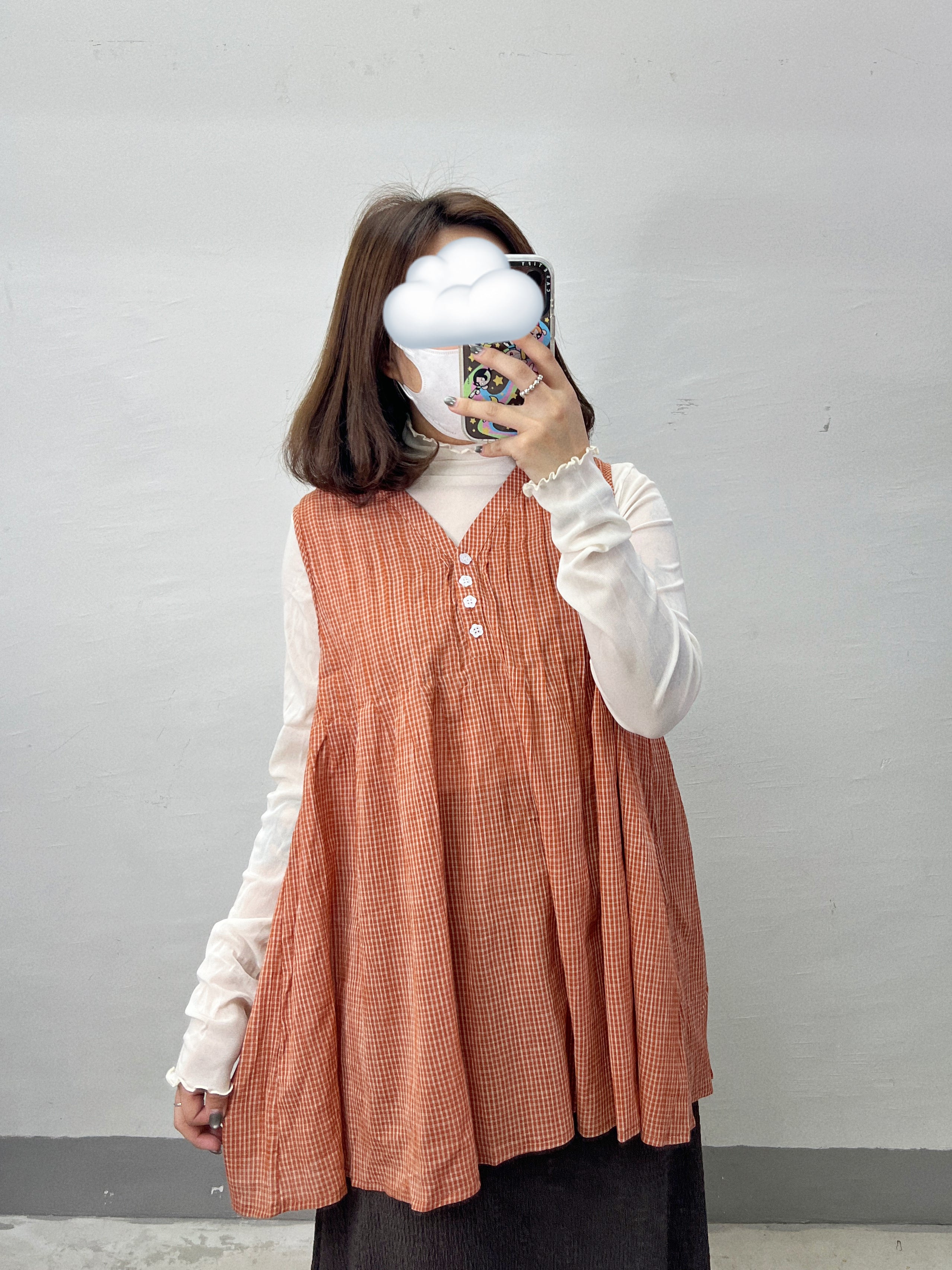 【SALE】花花鈕扣格仔背心｜藍
