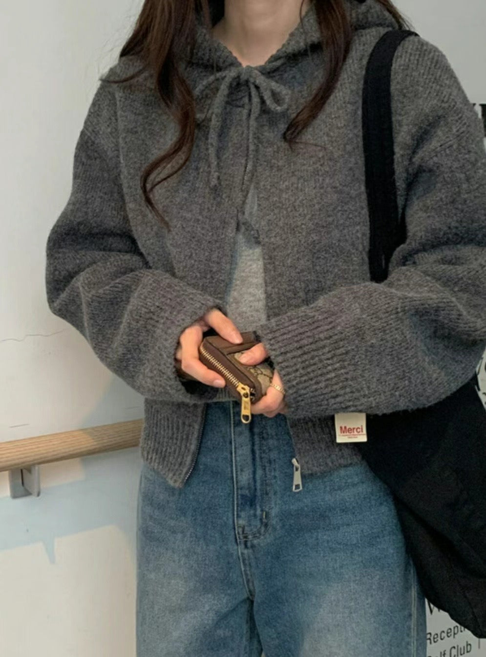 針織有帽拉鍊外套｜卡其