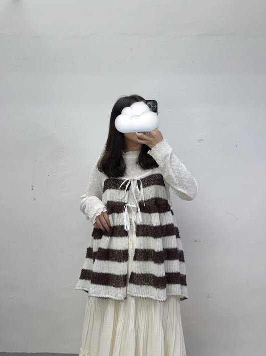 【SALE】拼色條紋針織綁帶外搭丨 杏 啡