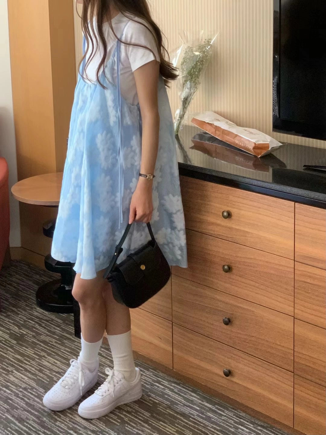 【SALE】花花紋綁帶蝴蝶結ops｜粉 米白