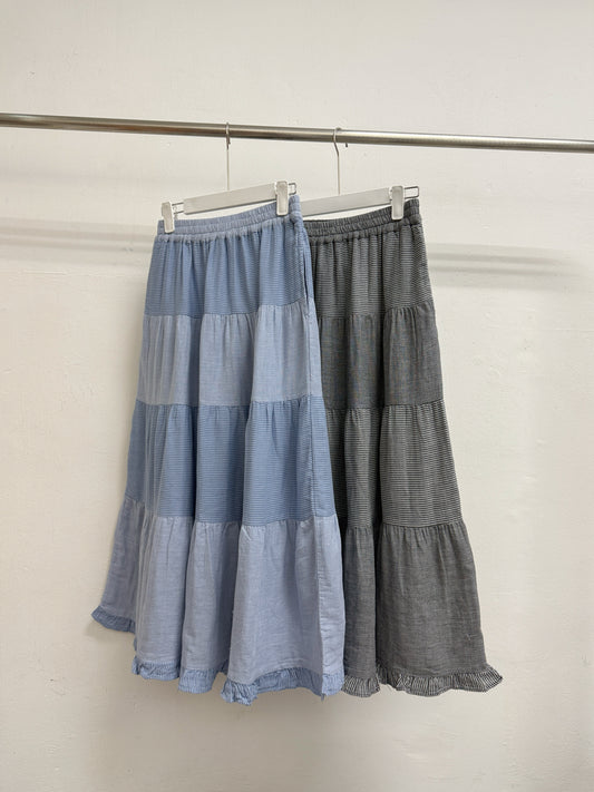 【SALE】千鳥格拼條紋bb棉層層半身裙丨黑