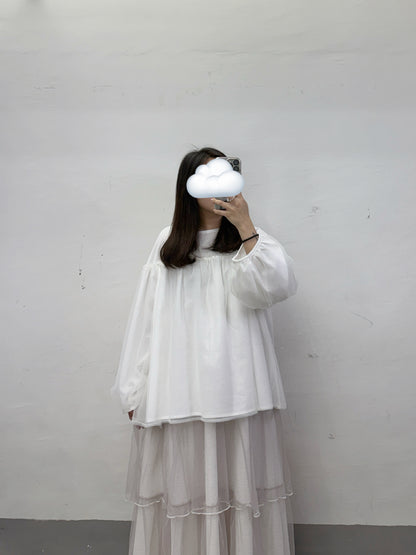 【SALE】暗條紋拼紗上衣丨紫