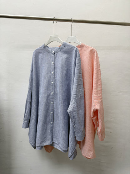 【SALE】圓領條紋闊型開胸上衣丨藍