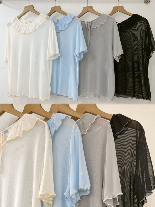 【SALE】後綁帶荷葉領透透top丨 米白