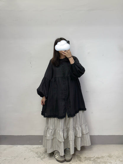 【SALE】下擺ruffle邊中長半透top丨白 啡