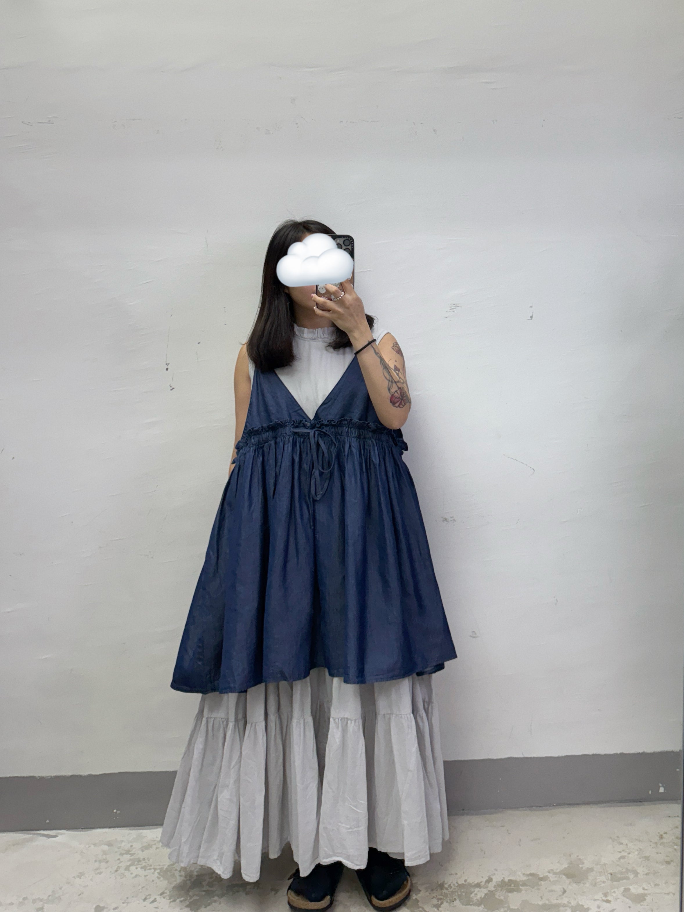 牛仔色ruffle邊綁帶中長外搭