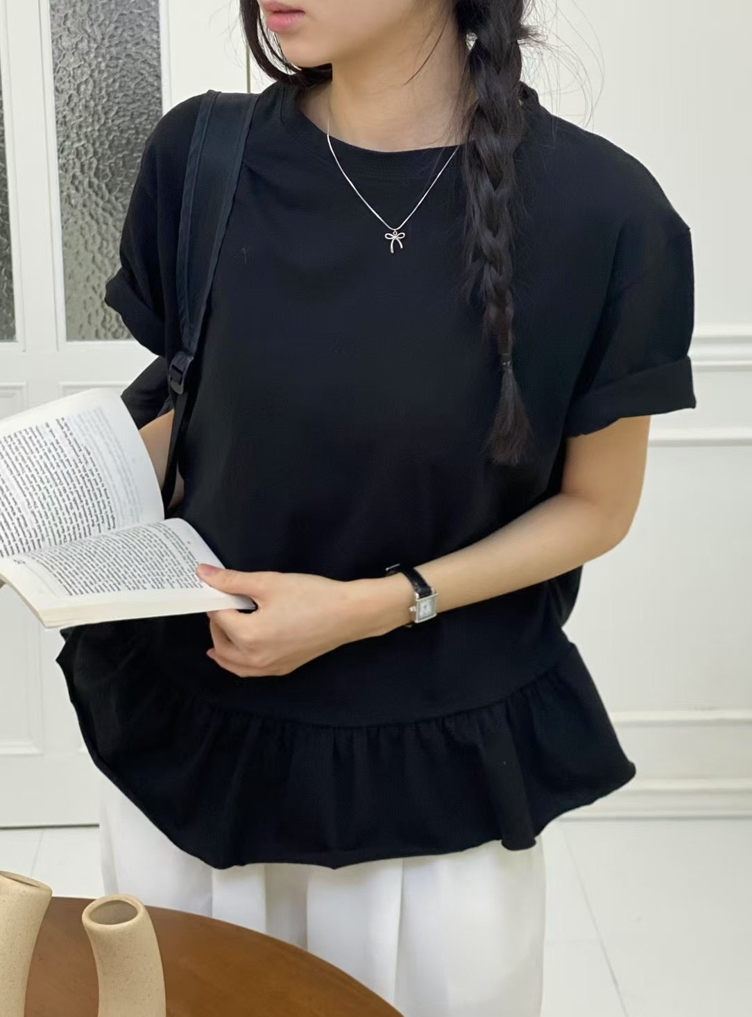 【SALE】兩側打褶ruffle top丨白