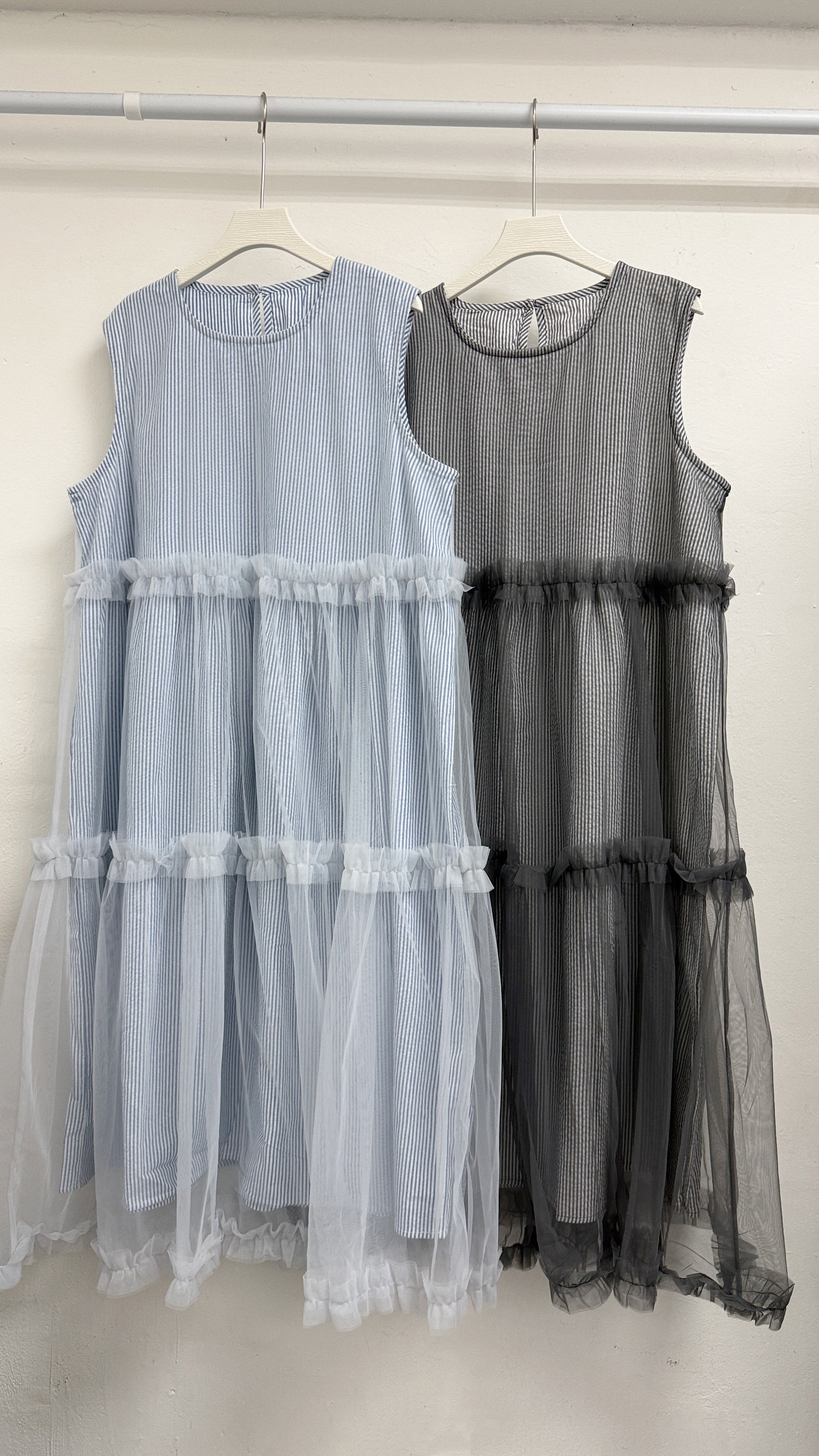 條紋拼紗ruffle邊ops丨2 col