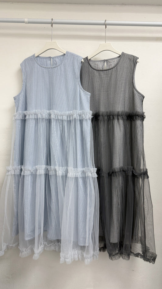 條紋拼紗ruffle邊ops丨2 col