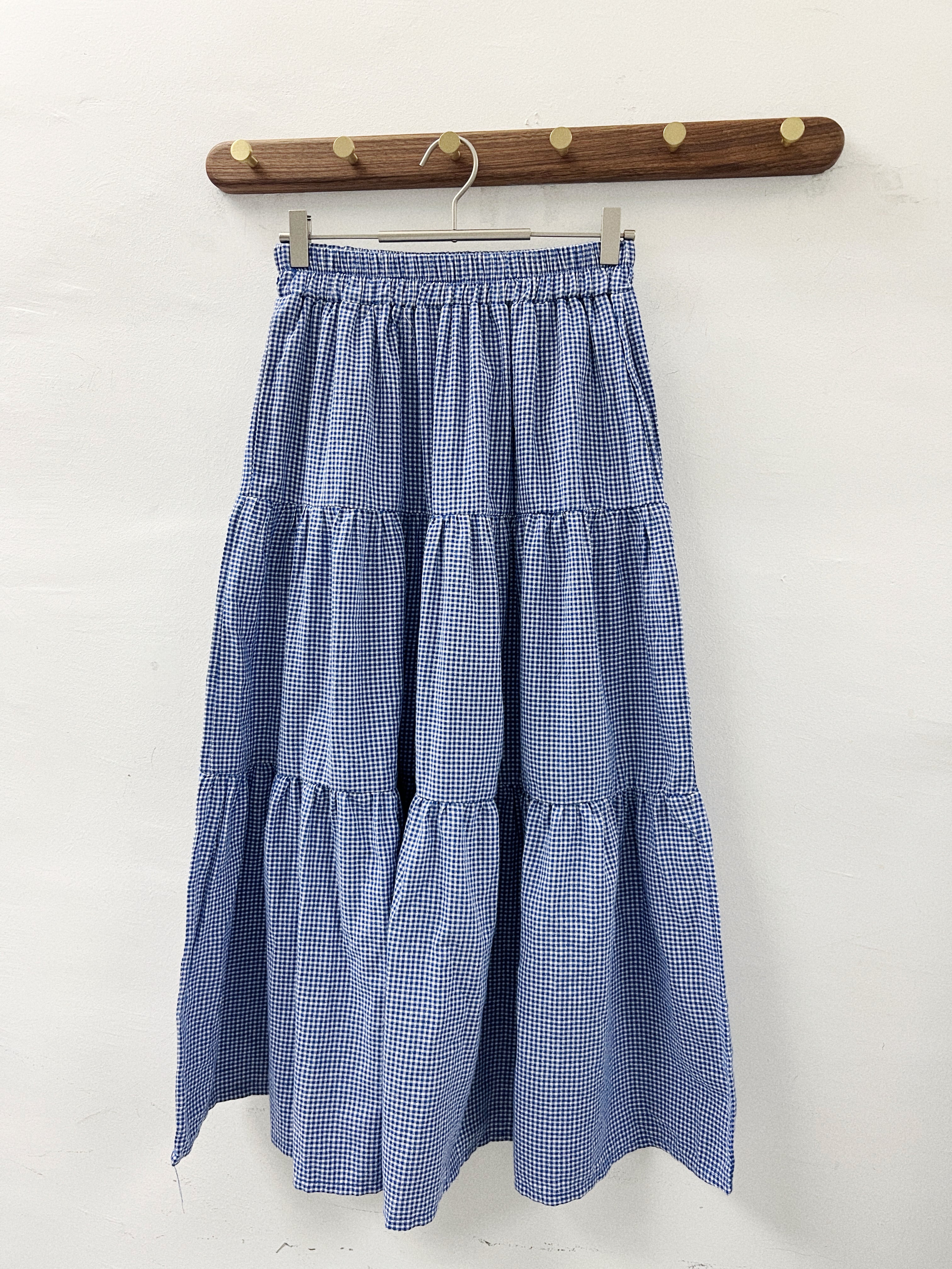 全橡筋格子層層裙｜藍