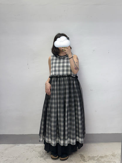 【SALE】格紋拼紗背心ops丨紅